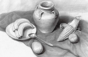 浅色陶罐与水果组合的画法