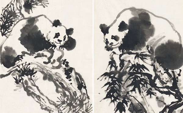 熊猫竹石图