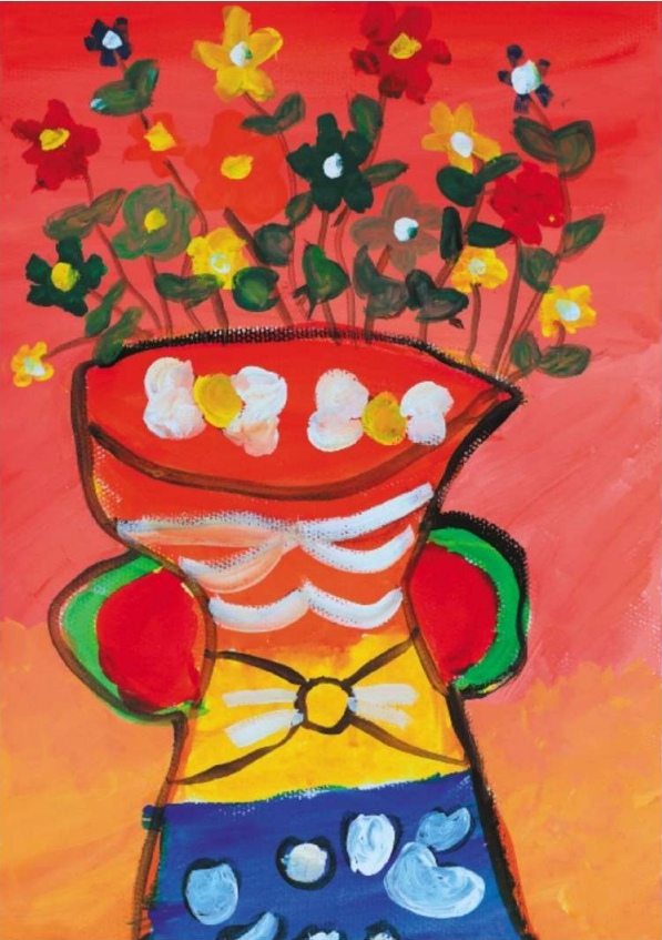 花与花瓶儿童水粉画作品2