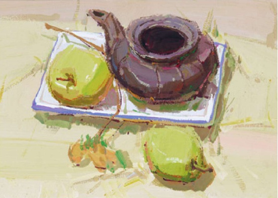 茶壶水果色彩组合的画法四