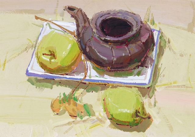 茶壶水果色彩组合的画法五