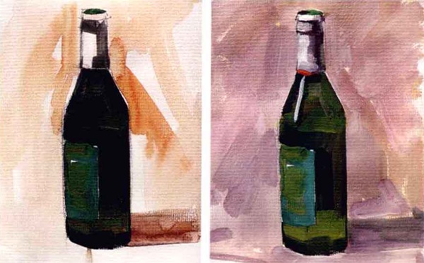 单体静物啤酒瓶水粉画步骤（2）