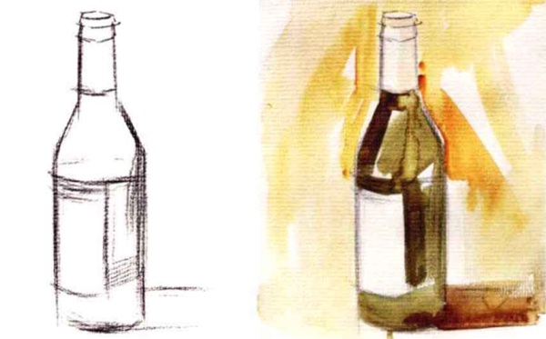 单体静物啤酒瓶水粉画步骤（1）