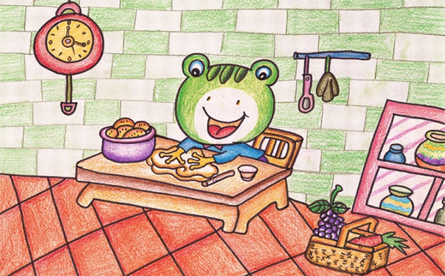彩铅画青蛙做甜饼完成图
