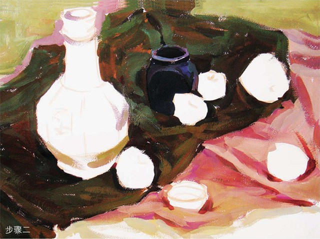 《色彩花瓶、陶罐与水果》静物组合画步骤（2）