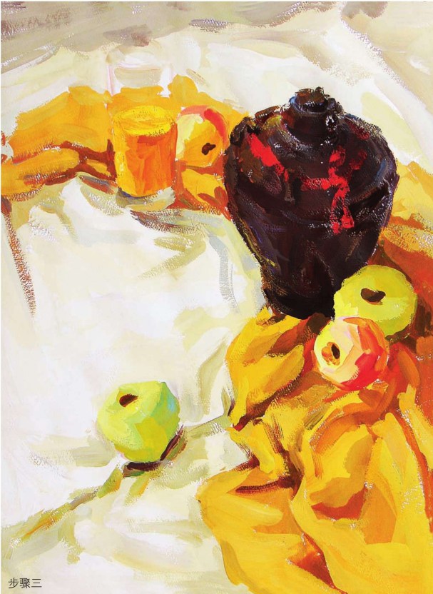 《色彩酒坛、玻璃杯与水果》作画步骤（3）