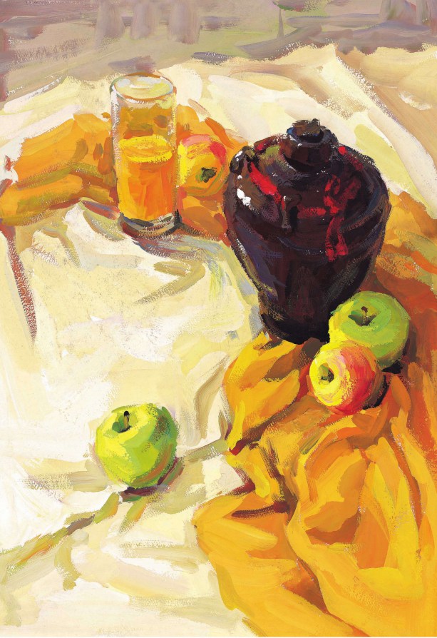 《色彩酒坛、玻璃杯与水果》作画步骤（4）
