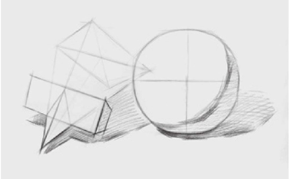 方锥穿插体、球体组合结构的画法（3）