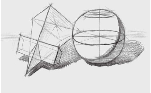 方锥穿插体、球体组合结构的画法（4）
