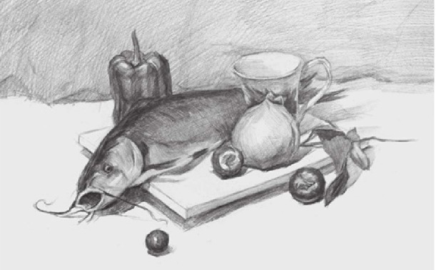 素描鱼与蔬果组合的画法（3）