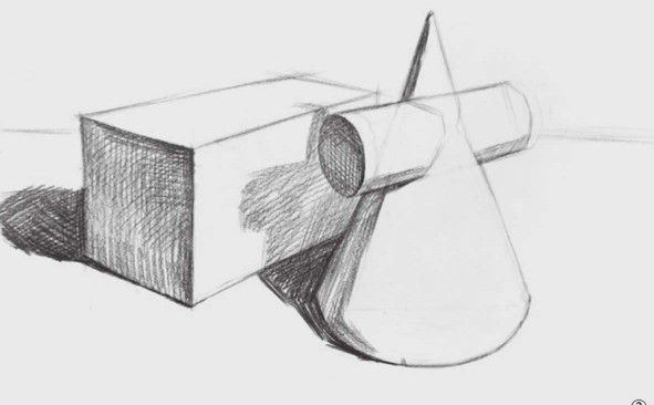 四棱柱体、圆锥穿插体组合的画法（2）